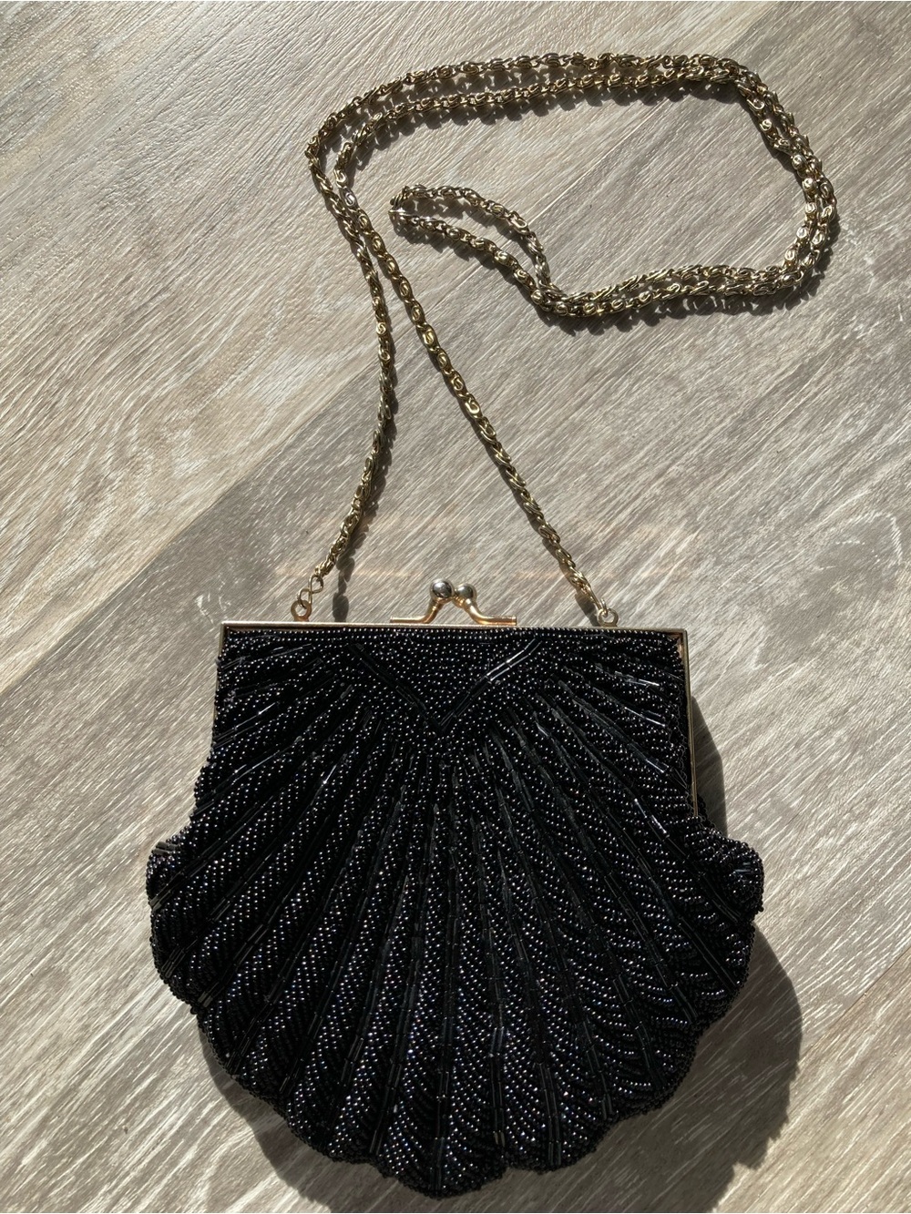 Kiss Lock Beaded Shell Mini Bag with Gold Chain Strap - Black